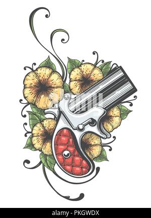 Pistola da tasca e fiori disegnati in stile tatuaggio. Illustrazione Vettoriale. Illustrazione Vettoriale