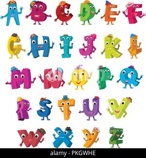 ABC alfabeto divertenti personaggi. Vivi le Lettere con cappelli design set di colori. Illustrazione Vettoriale