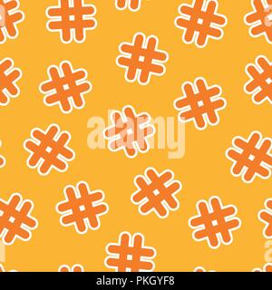 Vector seamless pattern tag Hash adesivo arancione su sfondo giallo. Illustrazione Vettoriale