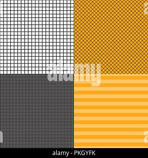 Set di striature e di celle della griglia di modelli senza giunture. Arancione con il giallo e il nero i colori. Banner di vettore di modelli di sfondo. Illustrazione Vettoriale
