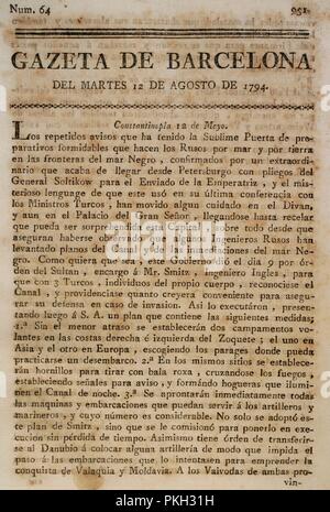 Gazeta de Barcelona, 12 de agosto de 1794. Núm. 64. Portada. Biblioteca Histórico Militar de Barcelona. Cataluña. España. Foto Stock