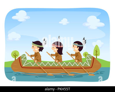 Illustrazione di Stickman Native American Kids canottaggio in canoa sul fiume Foto Stock