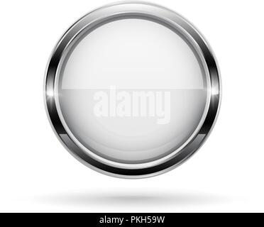Pulsante Bianco con telaio cromato. Rotondo in vetro lucido icone 3D Illustrazione Vettoriale