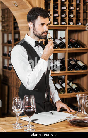 Bel giovane sommelier esaminando aromatico corc bottiglia dopo l'apertura di vino al negozio Foto Stock