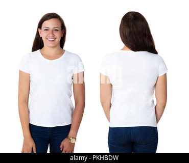 Vista anteriore e posteriore di una donna felice nel bianco del T-shirt bianco Foto Stock