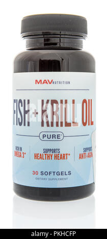 Winneconne, WI - 7 Settembre 2018: una bottiglia di Mavnutrition pesce e olio di krill supplemento su un sfondo isolato Foto Stock
