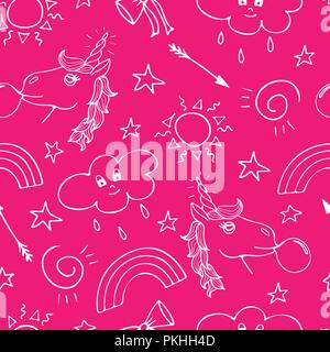 Bella seamless pattern con disegnati a mano e unicorns carino scarabocchi. Illustrazione Vettoriale
