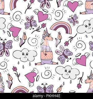 Bella seamless pattern con disegnati a mano e unicorns carino scarabocchi. Illustrazione Vettoriale