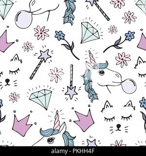 Bella seamless pattern con disegnati a mano e unicorns carino scarabocchi. Illustrazione Vettoriale