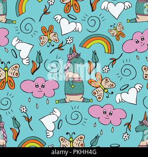 Bella seamless pattern con disegnati a mano e unicorns carino scarabocchi. Illustrazione Vettoriale