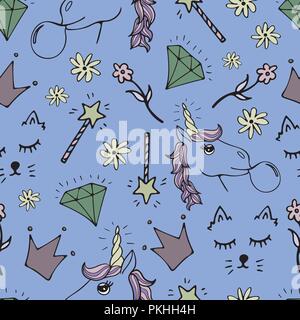 Bella seamless pattern con disegnati a mano e unicorns carino scarabocchi. Illustrazione Vettoriale