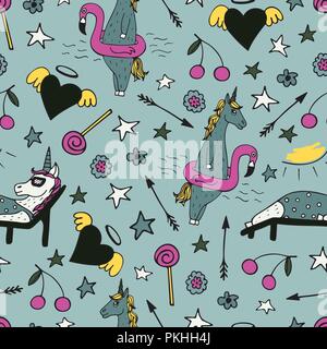 Bella seamless pattern con disegnati a mano e unicorns carino scarabocchi. Illustrazione Vettoriale