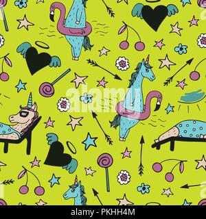 Bella seamless pattern con disegnati a mano e unicorns carino scarabocchi. Illustrazione Vettoriale