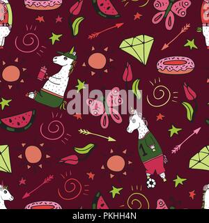 Bella seamless pattern con disegnati a mano e unicorns carino scarabocchi. Illustrazione Vettoriale