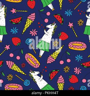 Bella seamless pattern con disegnati a mano e unicorns carino scarabocchi. Illustrazione Vettoriale