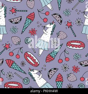 Bella seamless pattern con disegnati a mano e unicorns carino scarabocchi. Illustrazione Vettoriale