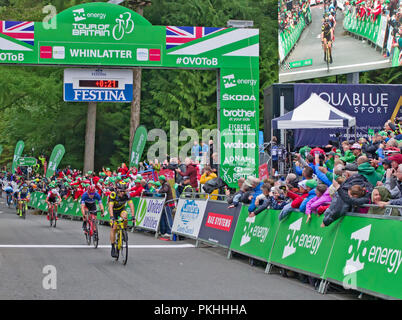 Jonathan Hibert (4th) Direct Energie, Patrick Bevin (5th) BMC & Tom Pidcock (6th) Team Wiggins, al traguardo, Stage 6 tour della Gran Bretagna il 7 settembre 2018 Foto Stock