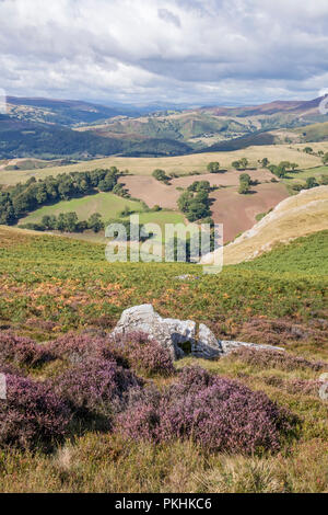 Una vista da Nord di scarpata Eglwyseg giù le Dee Valley e il Vale of Llangollen, Wales, Regno Unito Foto Stock