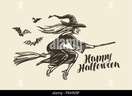 Halloween, biglietto di auguri. Vecchia strega vola sul manico. Schizzo Vintage illustrazione vettoriale Illustrazione Vettoriale