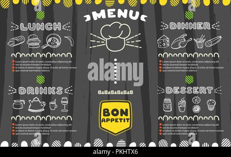 Disegnato a mano per menu cafe con il cibo. Progettazione del modello. Cibo flyer. Illustrazione Vettoriale