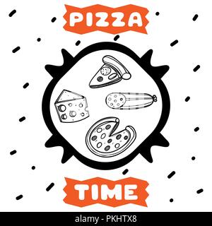 Carino disegnato a mano poster per cafe con stile sketch pizza. Illustrazione del fumetto. Illustrazione Vettoriale