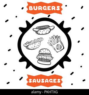 Carino disegnato a mano poster per cafe con stile sketch hamburger, patatine fritte e salsicce. Illustrazione del fumetto. Illustrazione Vettoriale