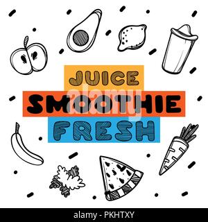 Disegnato a mano per menu cafe con bevande iscrizioni e frutti. Progettazione del modello. Cibo flyer. Illustrazione Vettoriale