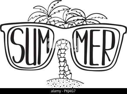 Disegnate a mano illustrazione con occhiali da sole e le palme con caratteri univoci. Illustrazione Vettoriale