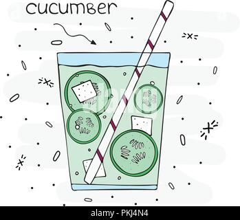 Disegnate a mano illustrazione di limonata in un bicchiere con segmenti di un cetriolo e ghiaccio. Illustrazione Vettoriale