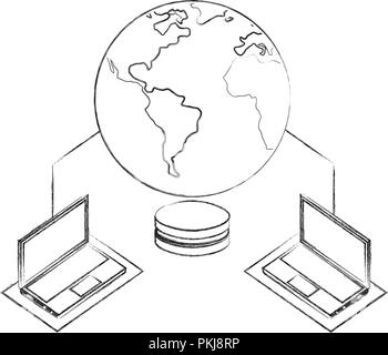 Il pianeta terra con i computer portatili e i dati del server su disco illustrazione vettoriale design Illustrazione Vettoriale