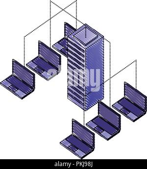 Server del centro dati con i computer portatili icona isometrica illustrazione vettoriale design Illustrazione Vettoriale