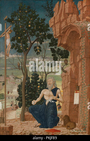 San Girolamo nel deserto. Data: c. 1475. Dimensioni: superficie dipinta: 78,4 x 53 cm (30 7/8 x 20 7/8 in.) supporto: 80,7 x 55 cm (31 3/4 x 21 5/8 in.) incorniciato: 102,6 x 76,2 cm (40 3/8 x 30 in.). Medium: tempera su pannello di pioppo. Museo: National Gallery of Art di Washington DC. Autore: seguace di Andrea Mantegna. Foto Stock