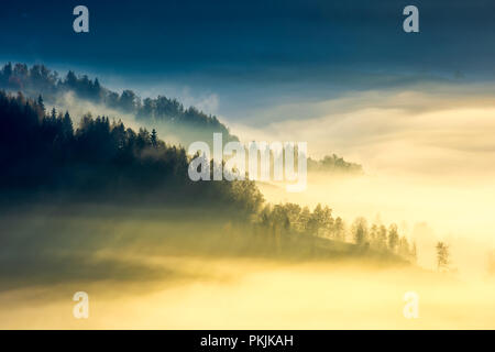 Profondo nebbia sopra la valle di sunrise. autunno magnifico sfondo di montagne. incantevole natura paesaggio astratto Foto Stock