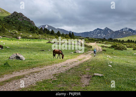 Trekker passeggiate a cavallo del passato, Loop Keskenkyia trek, Jyrgalan, Kirghizistan Foto Stock