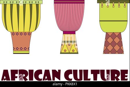 Set di tre tradizionali tamburi africani su uno sfondo bianco. Illustrazione Vettoriale