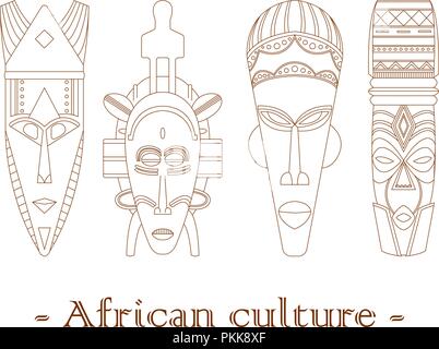 Set di quattro tradizionali maschere africane su uno sfondo bianco. Illustrazione Vettoriale