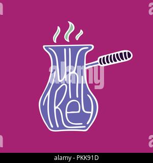 La Turchia disegnati a mano scritte nel cezve per caffè su sfondo viola. Illustrazione Vettoriale