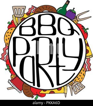 Illustrazione unica con un disegnati a mano di scritte per il barbecue party. Forma rotonda. Illustrazione Vettoriale