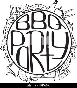 Illustrazione unica con un disegnati a mano di scritte per il barbecue party. Forma rotonda. Illustrazione Vettoriale