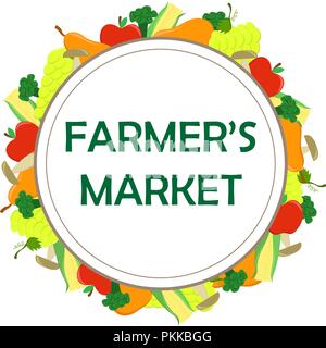 Round poster per il mercato degli agricoltori con verdure di stagione e frutta. Illustrazione Vettoriale