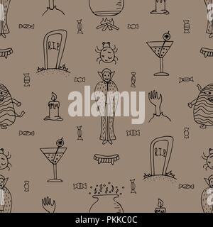 Disegnate a mano grigio Halloween seamless pattern con il nero scarabocchi. Illustrazione Vettoriale