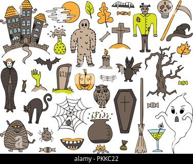 Vettore colorati set con disegnati a mano scarabocchi di Halloween. Illustrazione Vettoriale