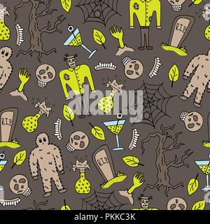 Disegnate a mano colorato Halloween seamless pattern con scarabocchi. Illustrazione Vettoriale