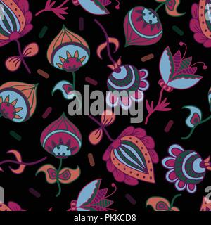 Modello senza cuciture con disegnati a mano fiori di fantasia. Illustrazione Vettoriale