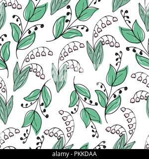 Bella disegnati a mano modello senza cuciture con gigli della valle. Illustrazione Vettoriale