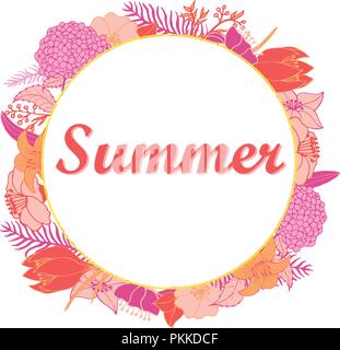 Illustrazione estiva con fiori luminosi in un giro su uno sfondo bianco. Illustrazione Vettoriale