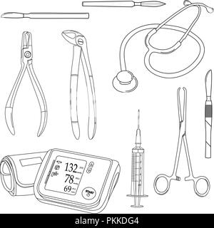 In bianco e nero di vettore con set di strumenti medicali. Illustrazione Vettoriale