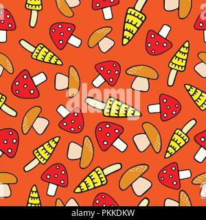 Modello senza cuciture con grazioso disegnati a mano i funghi. Illustrazione Vettoriale