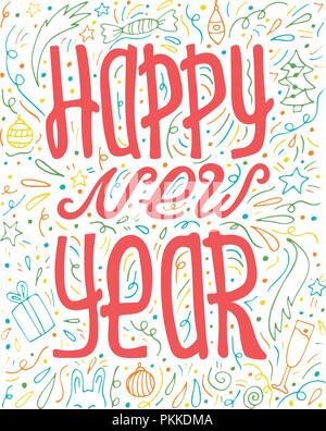 Unici disegnati a mano lettering con scarabocchi - Felice anno nuovo. Illustrazione Vettoriale