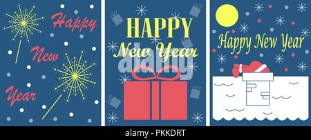 Il set di 3 biglietti di auguri per il nuovo anno. Illustrazione Vettoriale